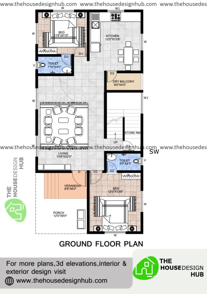 2BHK house plan in 1200 sq ft