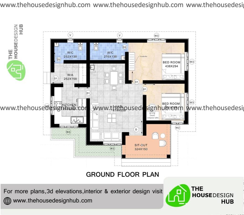2 BHK house plan under 1000 sq ft