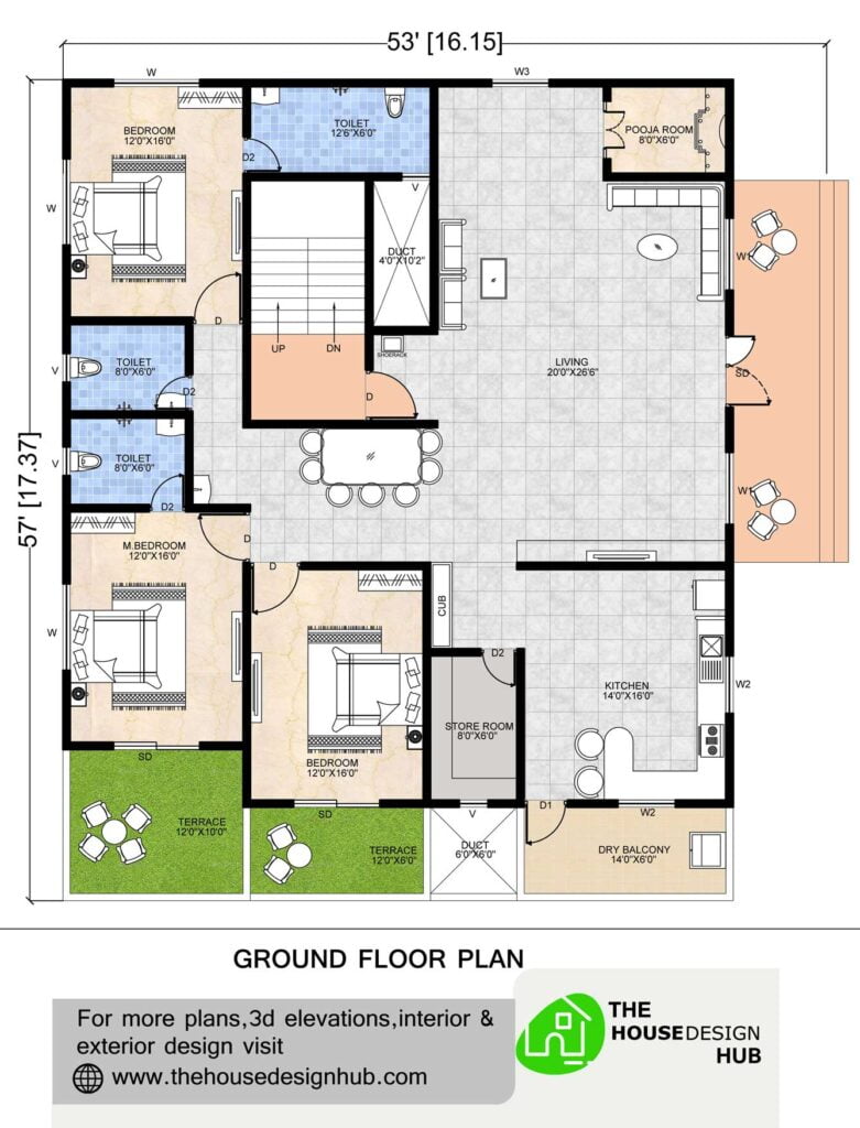 53 X 57 Ft 3 BHK Home Plan In 2650 Sq Ft | The House Design Hub